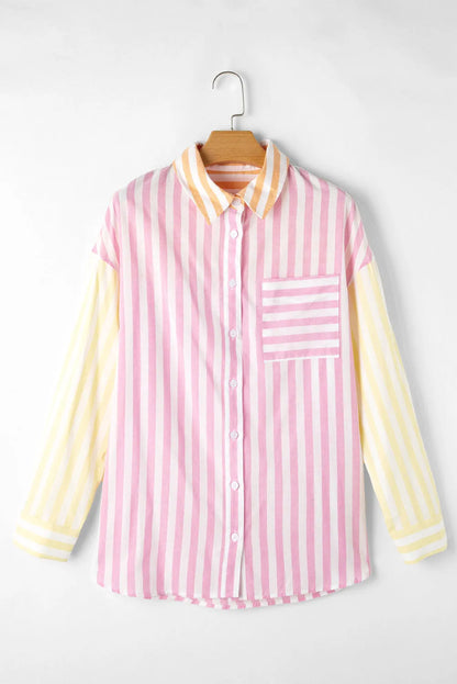 Pink Stripe Contrast Collar Long Sleeve Patchwork Shirt - Chic Meadow Boutique 