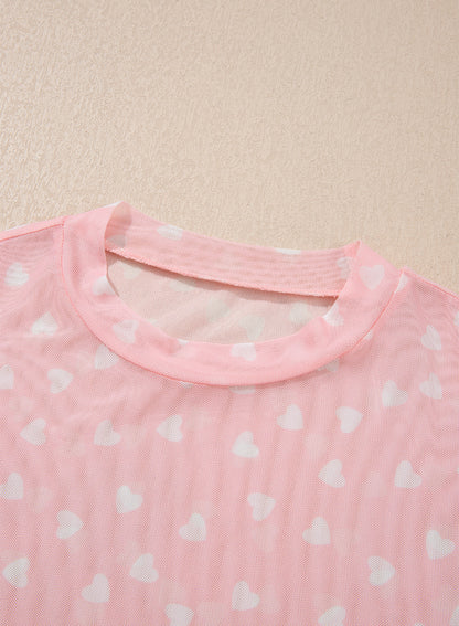 Pink Allover Heart Print Mesh Short Sleeve Top