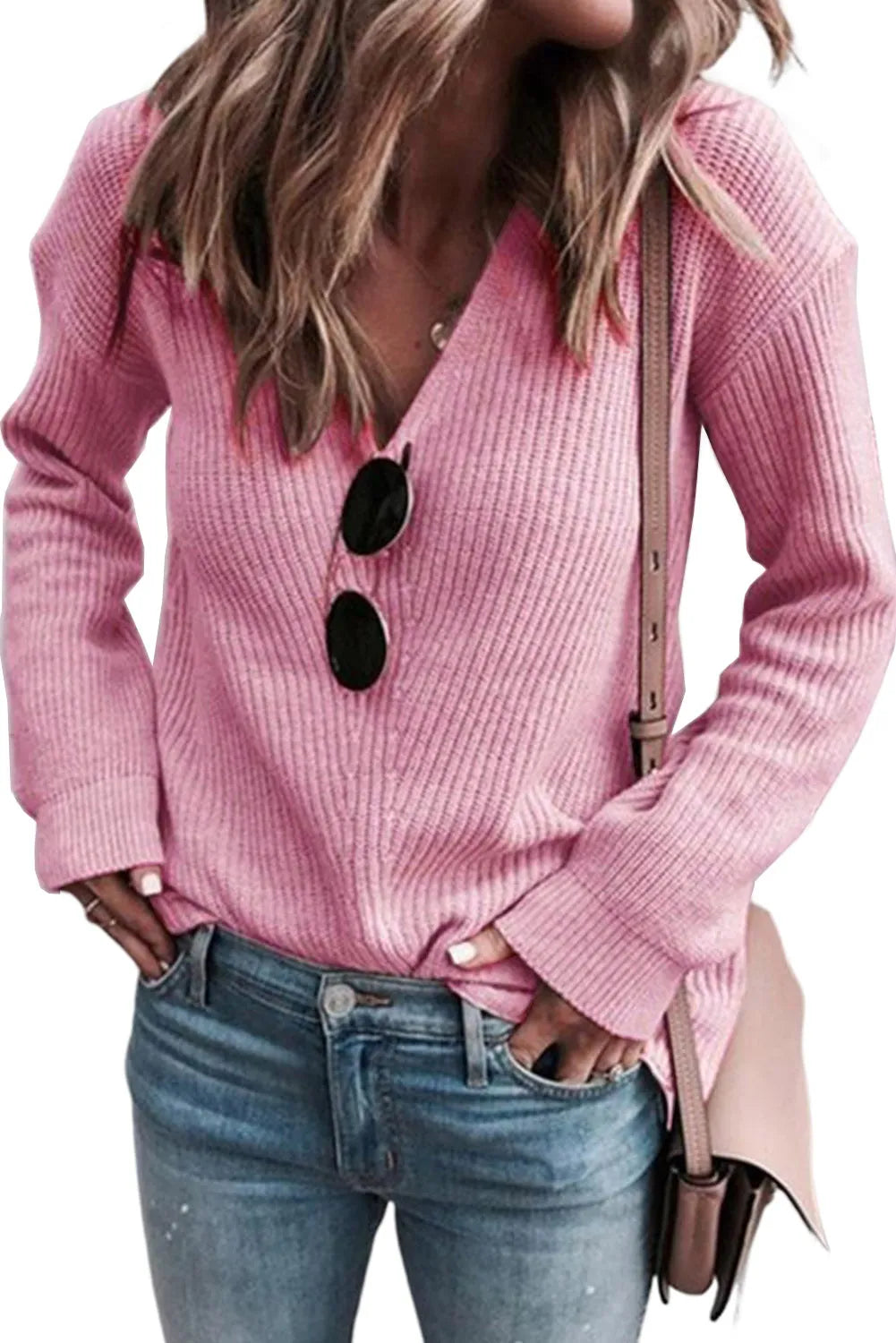 Tops/Sweaters & Cardigans Pink Ribbed Knit V Neck Sweater