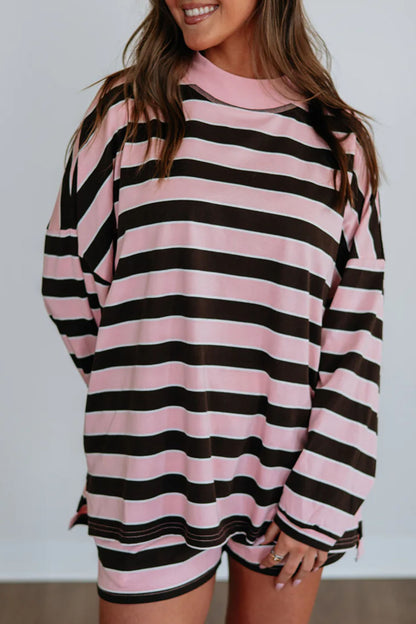 Pink Stripe Oversized Long Sleeve Top Elastic Waist Shorts Casual 2pcs Set