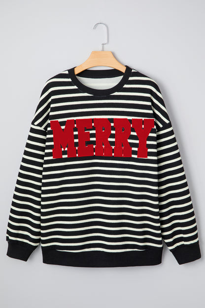 Black Stripe Contrast MERRY Letter Christmas Print Drop Shoulder Sweatshirt