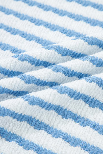 Sky Blue Stripe Collared Pullover Top and Drawstring Pant Set