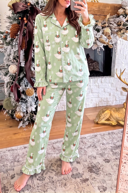 Green Snowflake Goose Print Ruffle Trim Long Sleeve Shirt Style Pajama Pants Set