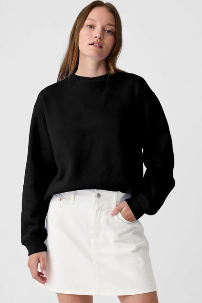 Black Plain Drop Shoulder Crewneck Pullover Sweatshirt - Chic Meadow Boutique 