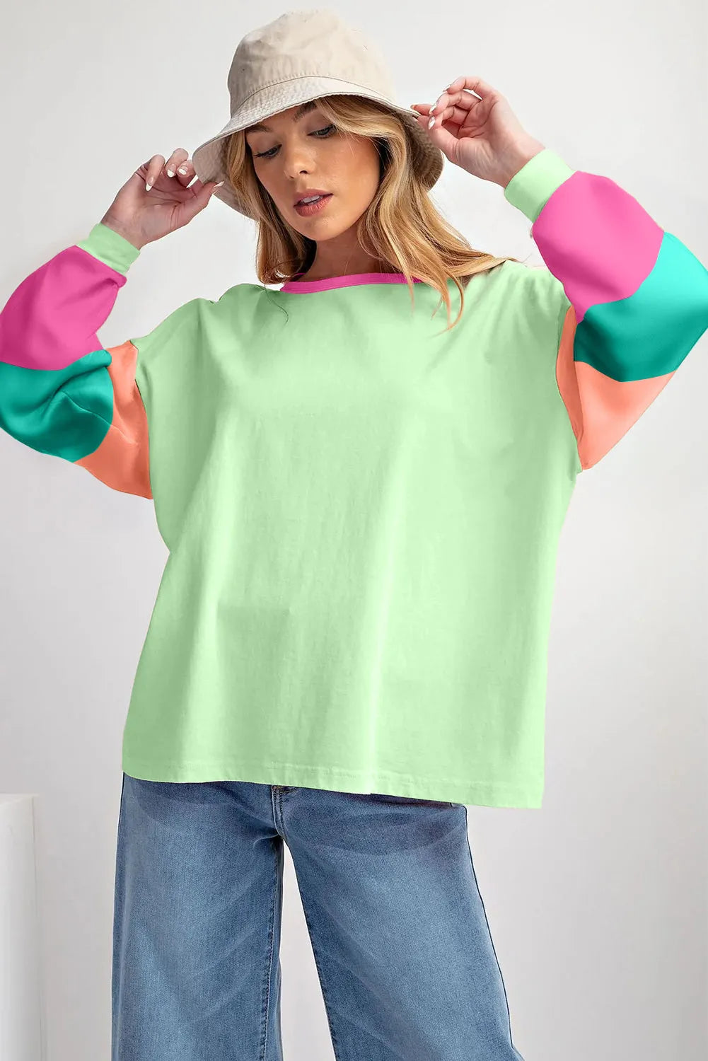 Green Colorblock Patchwork Long Sleeve Loose Top - Chic Meadow Boutique 