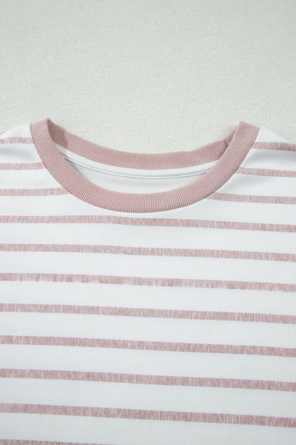 Khaki Stripe Color Block Trim Round Neck Short Sleeve Top