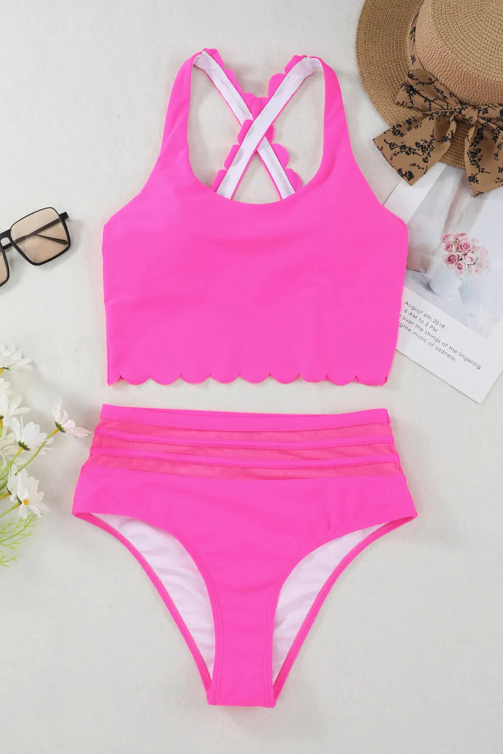 Rose Scalloped Criss Cross High Waist Bikini - Chic Meadow Boutique 