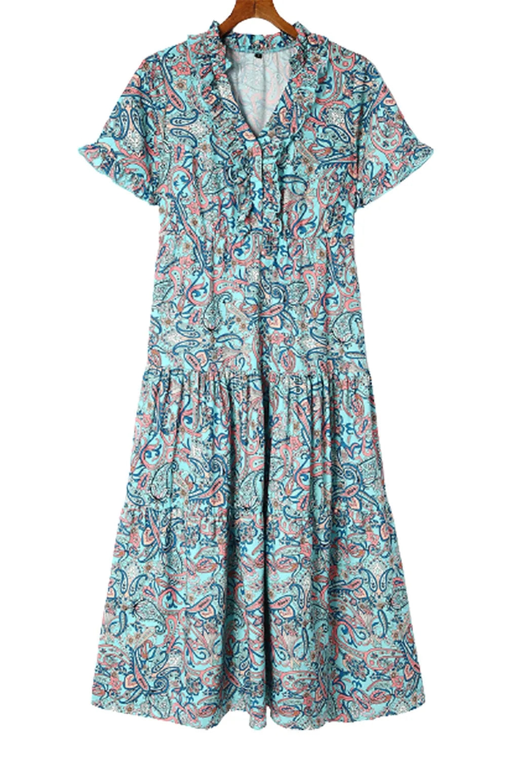 Sky Blue Paisley Print Boho Holiday Ruffle Tiered Maxi Dress - Chic Meadow Boutique 