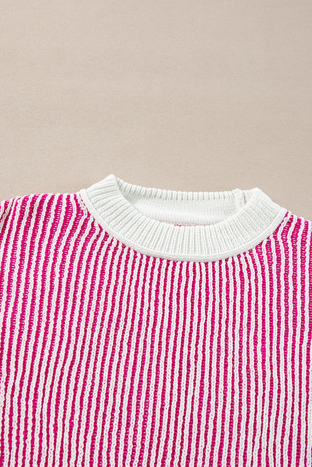 Bright Pink Striped Textured Knit Contrast Edge Loose Sweater - Chic Meadow Boutique 