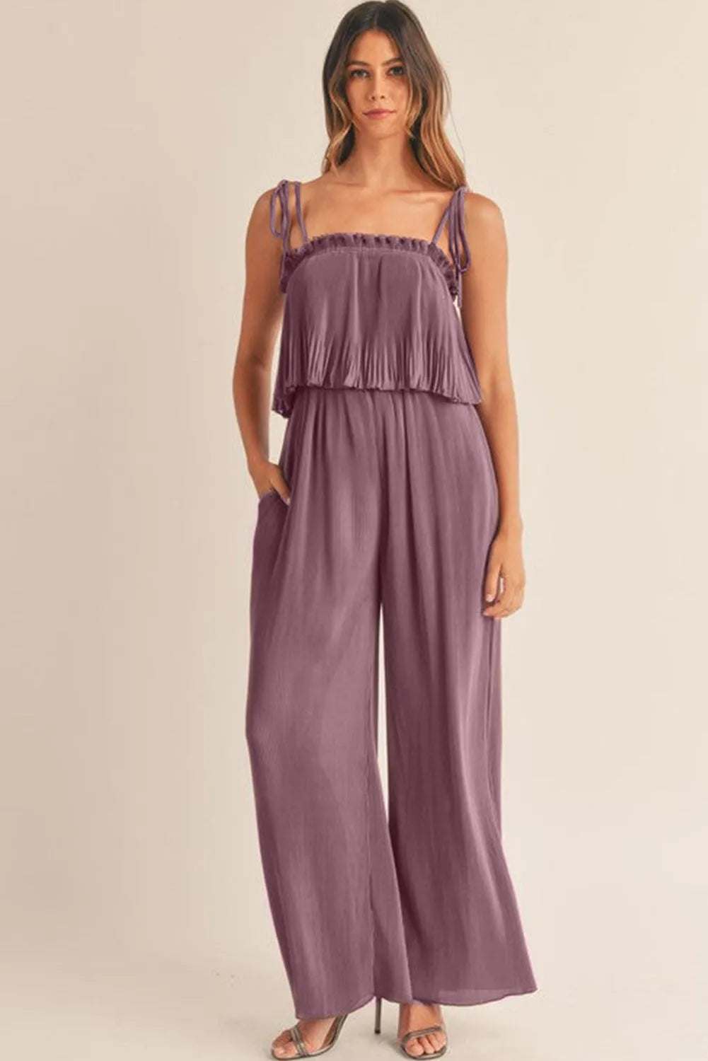 Rose Tan Solid Self Tied Straps Pleated Wide Leg Jumpsuit - Chic Meadow Boutique 