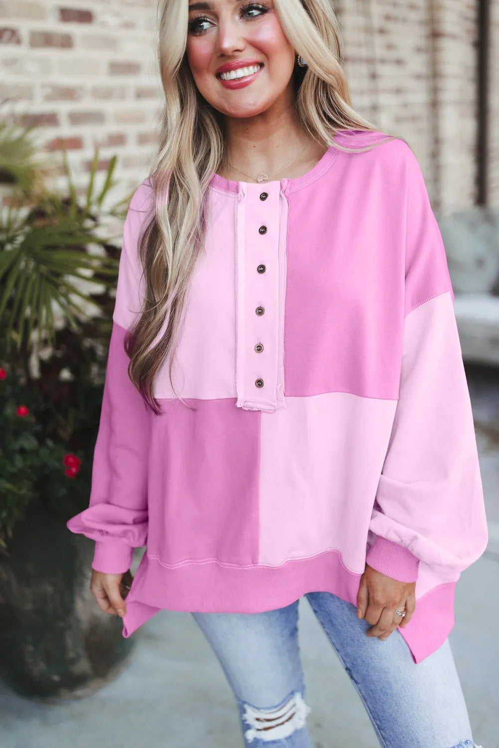 Pink Colorblock Henley High Low Oversize Sweatshirt - Chic Meadow Boutique 