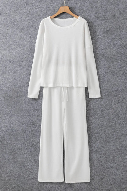 White Textured Long Sleeve T Shirt and Pants Lounge Set - Chic Meadow Boutique 