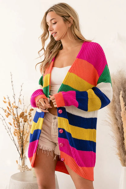 Multicolor Striped Print Longline Cardigan - Chic Meadow Boutique 