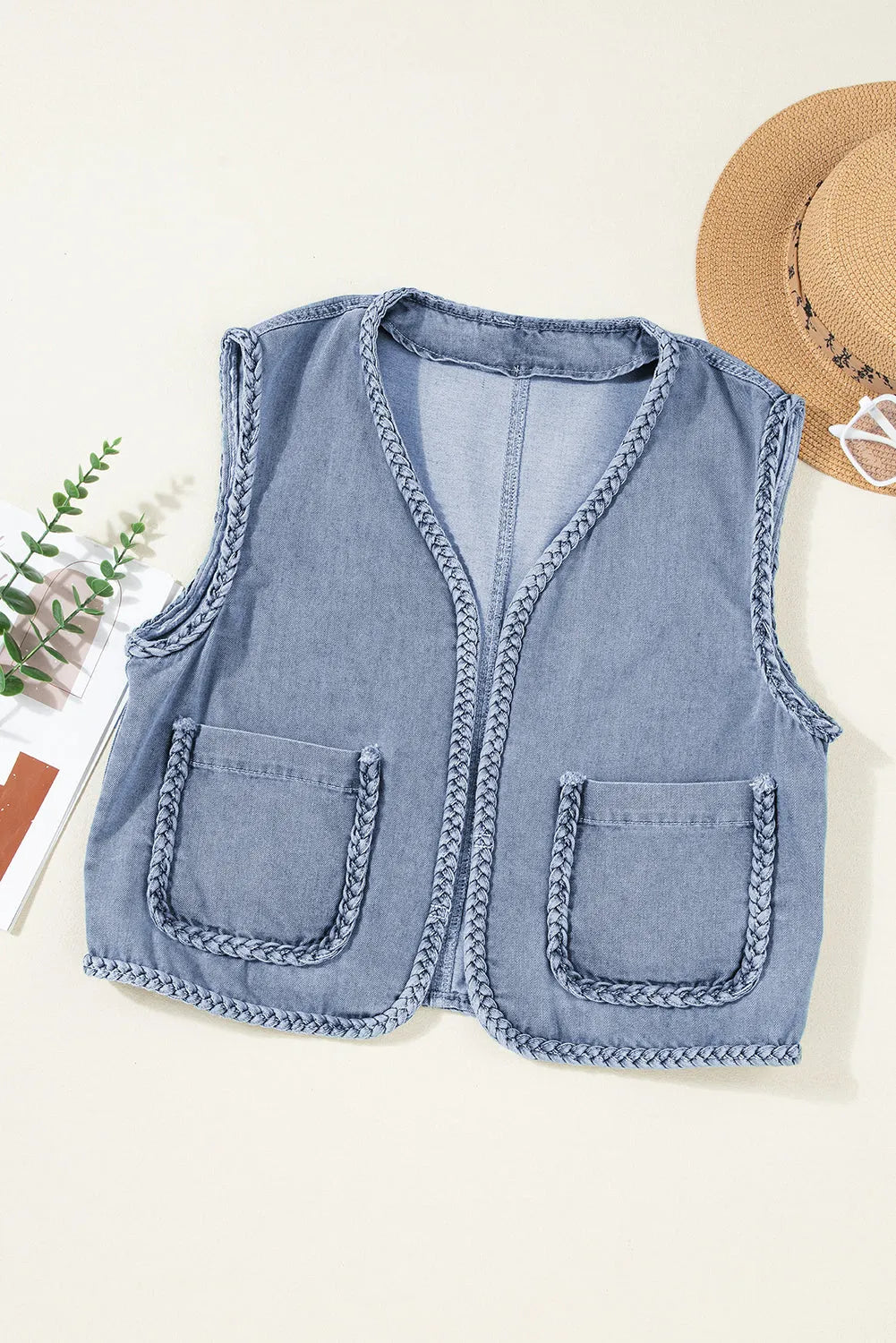 Ashleigh Blue Braided Trim Pocketed Denim Vest - Chic Meadow Boutique 