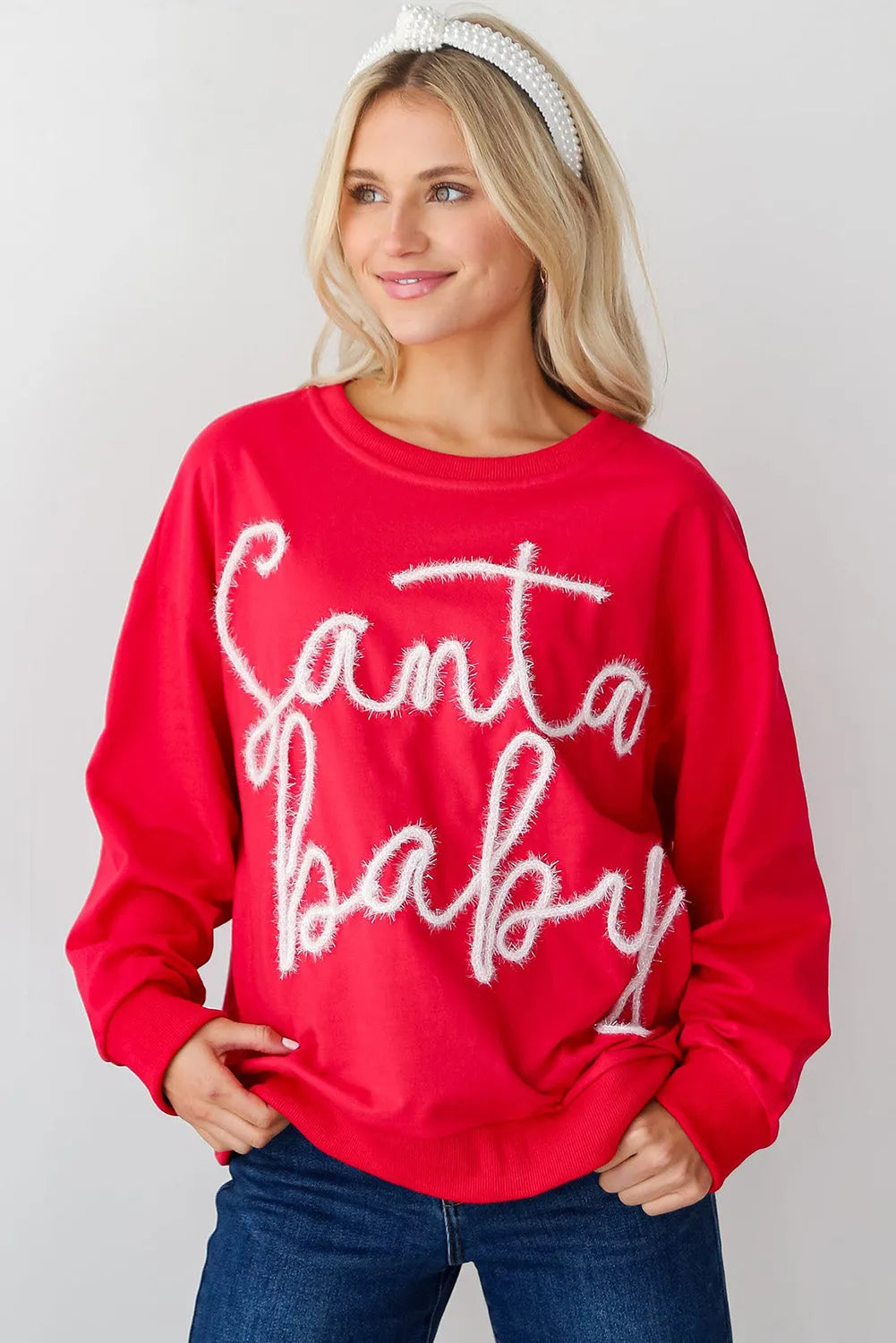 Fiery Red Christmas Santa Baby Tinsel Graphic Sweatshirt - Chic Meadow Boutique 