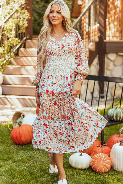 Khaki Floral Print Ruffled Tiered Long Sleeve V Neck Midi Dress - Chic Meadow Boutique 