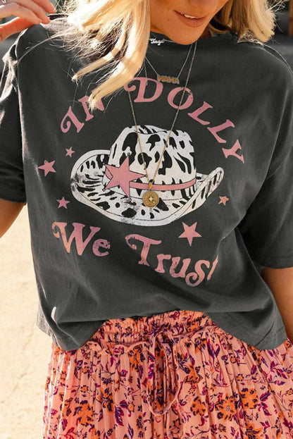 Tops/Tops & Tees Gray / S / 95%Cotton+5%Elastane Gray WE TRUST IN DOLLY Western Fashion Graphic Tee