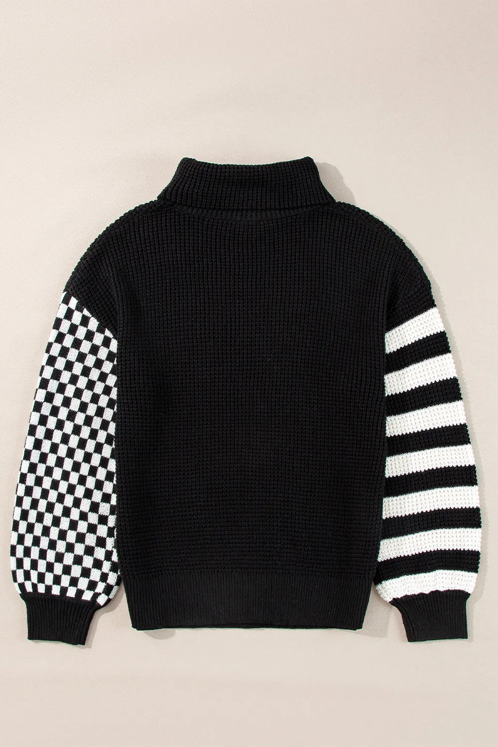 Black Striped Plaid Patchwork Waffle Knit Turtleneck Sweater - Chic Meadow Boutique 