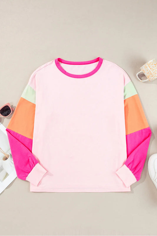 Pink Colorblock Patchwork Long Sleeve Loose Top - Chic Meadow Boutique 