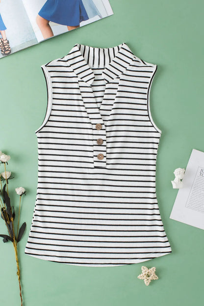 White Striped V Neck Buttoned Tank Top - Chic Meadow Boutique 