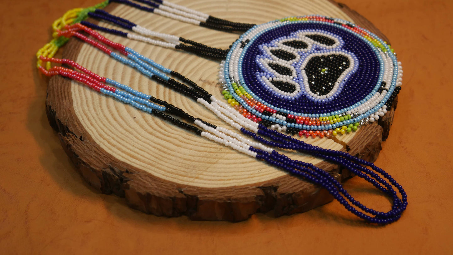 Native American Beaded Blue Bear-Paw  medallions Necklace