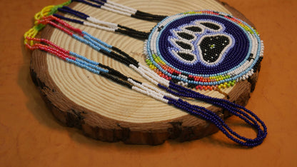 Native American Beaded Blue Bear-Paw  medallions Necklace
