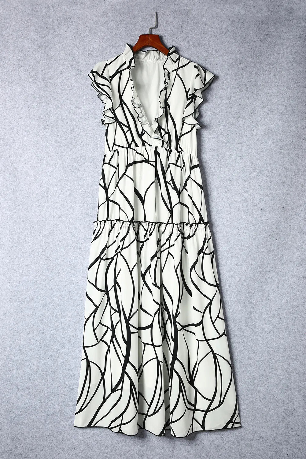 White Abstract Vein Print V Neck Ruffle Maxi Dress - Chic Meadow Boutique 