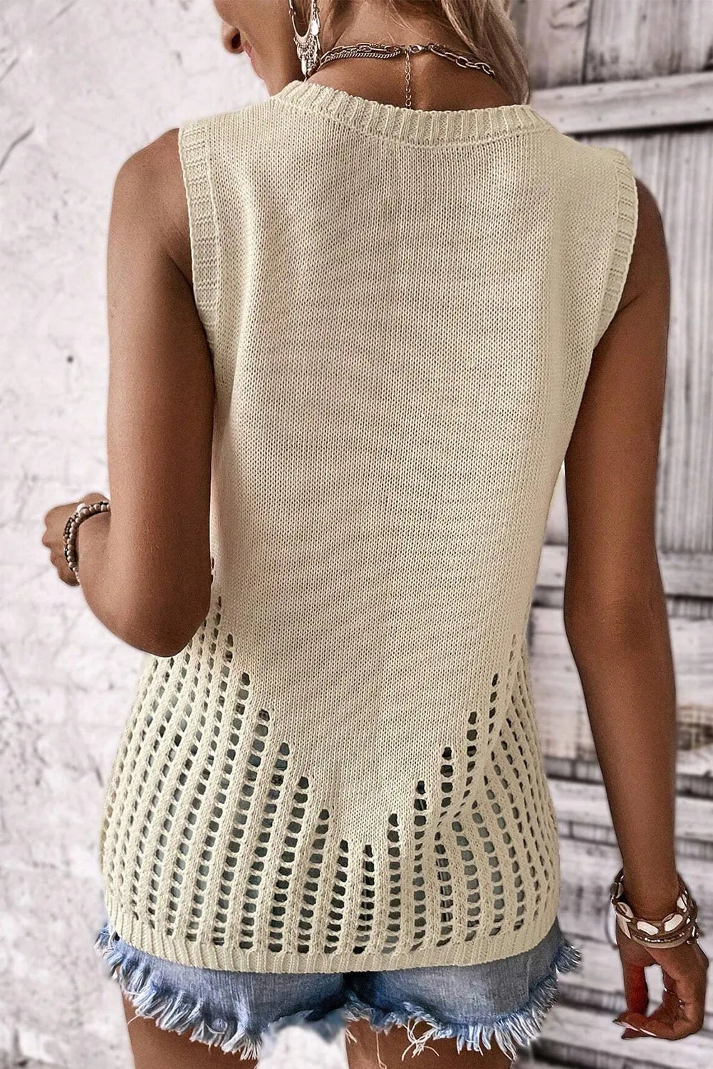 Beige Pointelle Detail Solid Color Knit Sweater Vest - Chic Meadow Boutique 