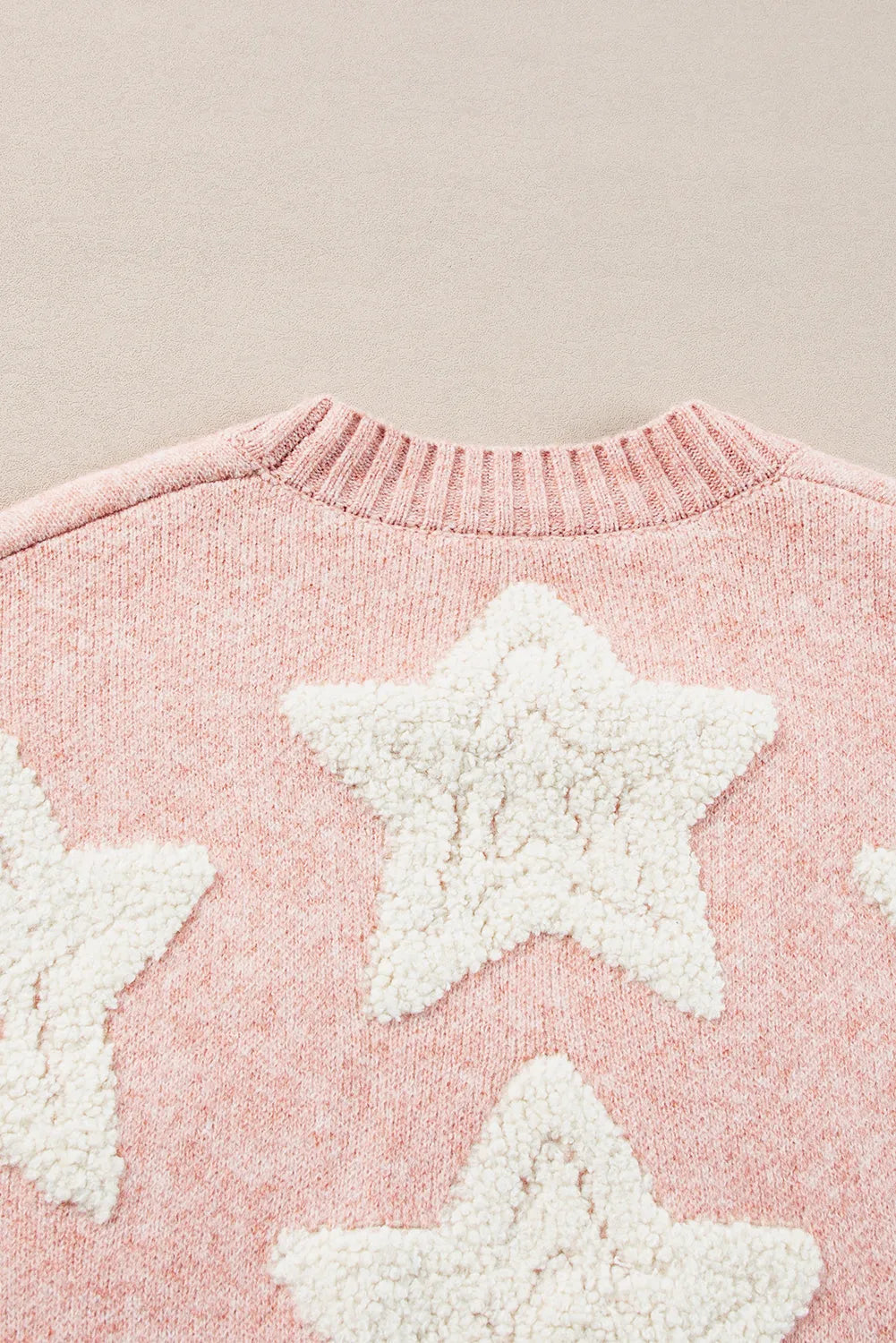 Pink Sherpa Star Pattern Textured Sweater Cardigan with Pockets - Chic Meadow Boutique 