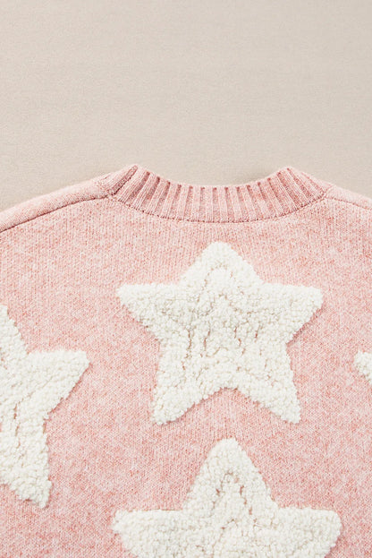 Pink Sherpa Star Pattern Textured Sweater Cardigan with Pockets - Chic Meadow Boutique 