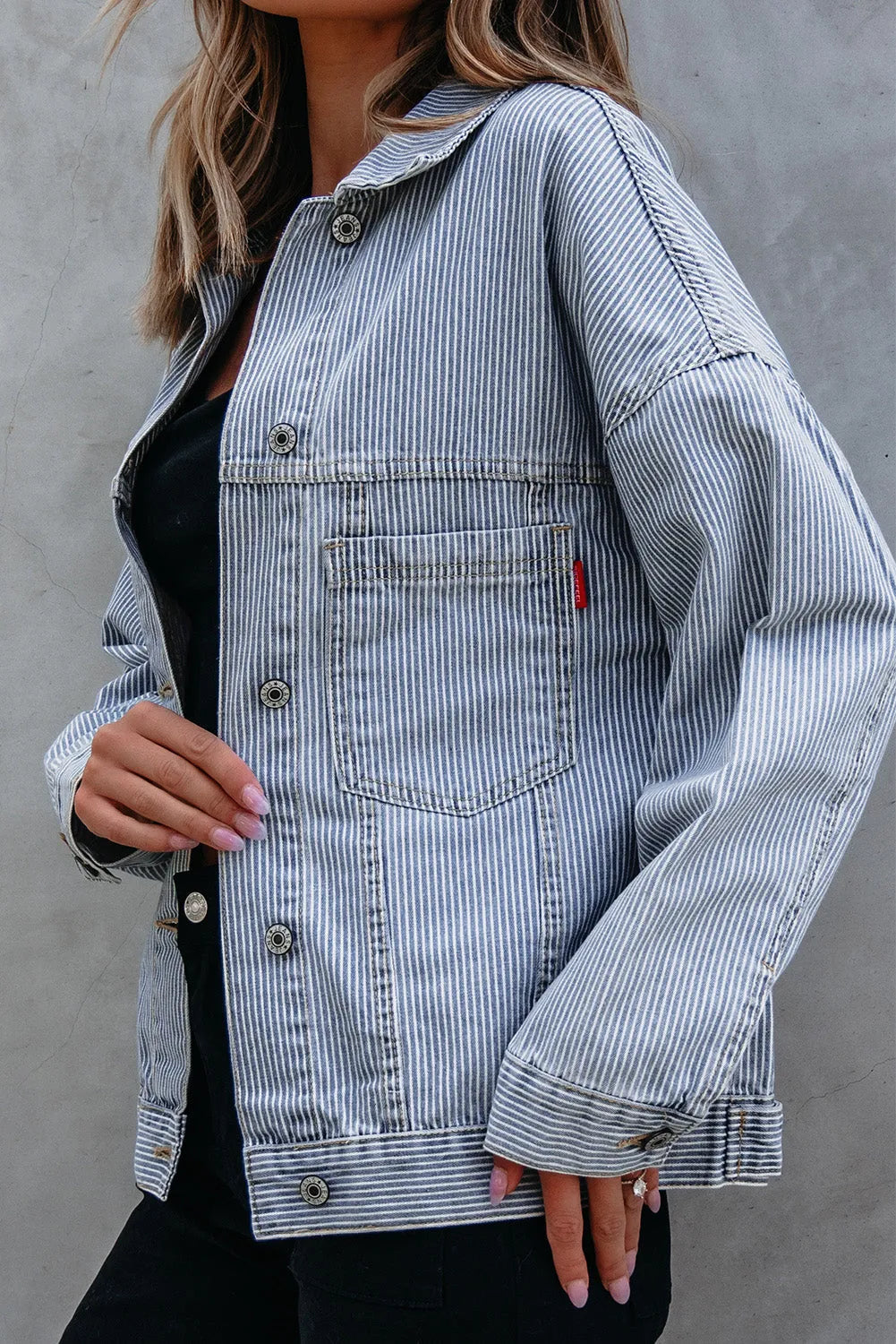 Sky Blue Stripe Washed Oversize Pocketed Denim Jacket - Chic Meadow Boutique 