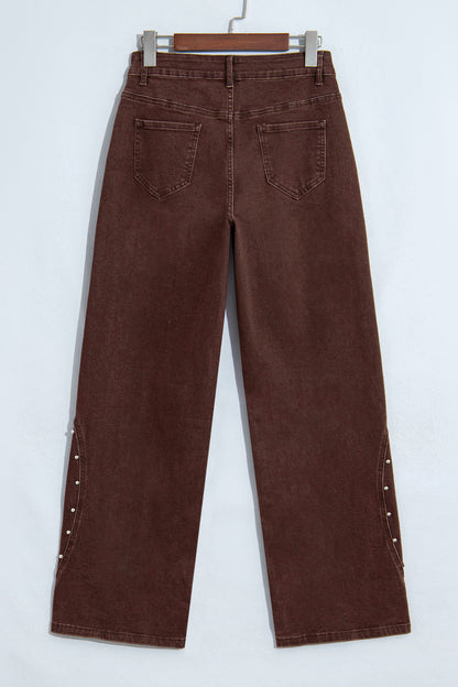 Coffee Side Seam Rivet Detail Ankle Length Casual Jeans