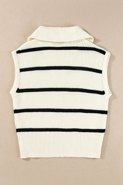 White Stripe Zipped Collar Cap Sleeve Knit Top - Chic Meadow Boutique 