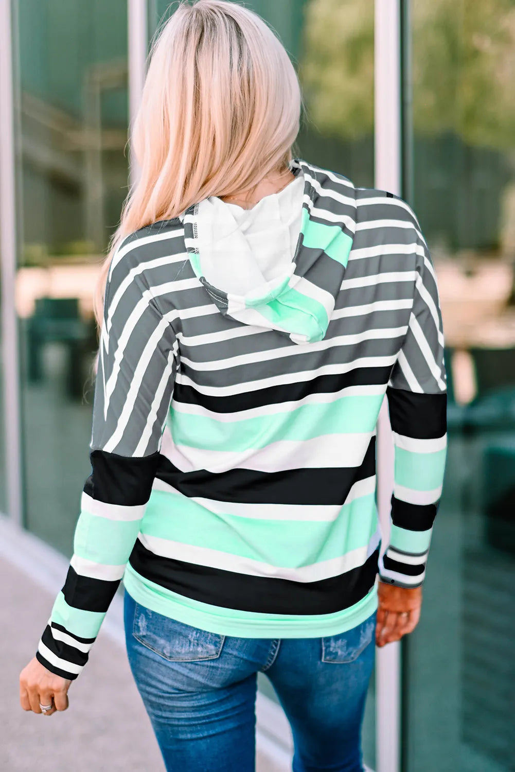 Tops/Sweatshirts & Hoodies Green Striped Drawstring Long Sleeve Hoodie