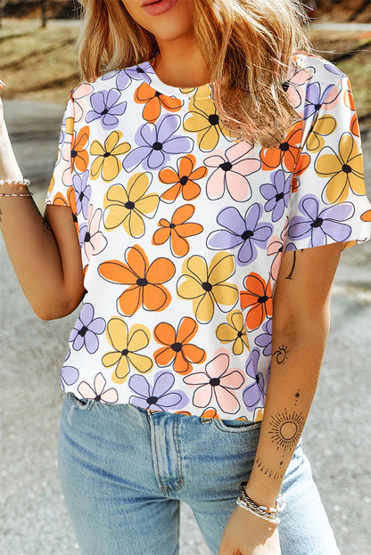 Orange Summer Flower Print Casual Round Neck T Shirt - Chic Meadow Boutique 