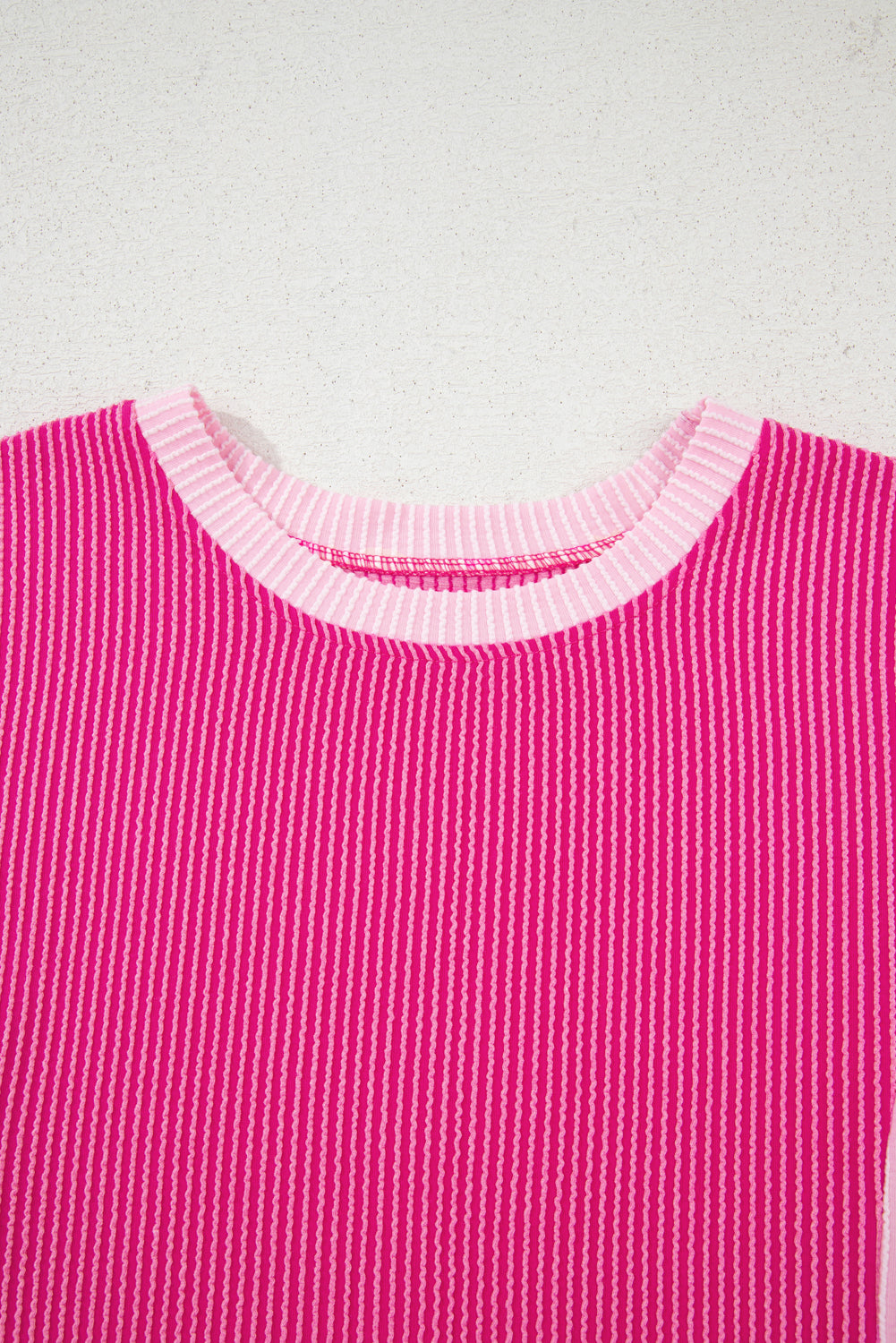 Rose Red 3D Spiral Ribbed Texture 2 Tones Patchwork Short Set