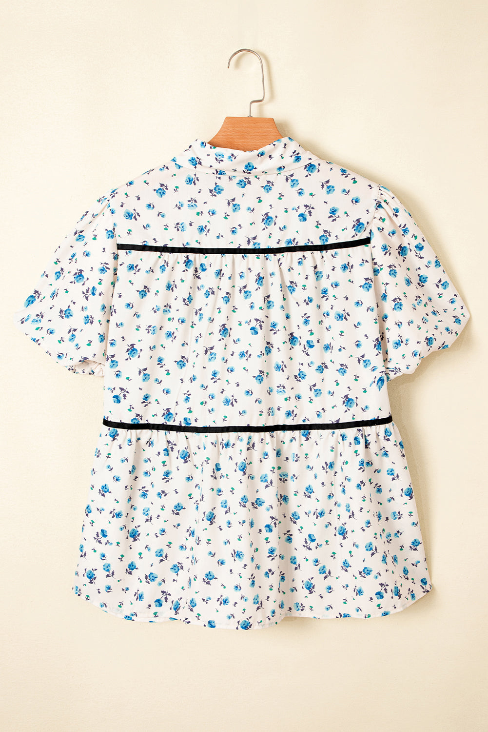 White Contrast Trim Floral Puff Short Sleeve Shirt