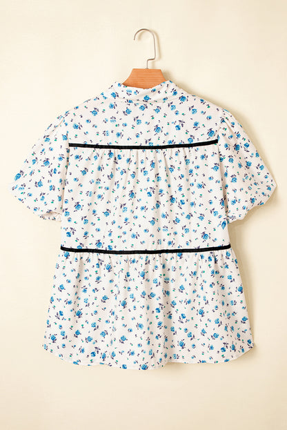 White Contrast Trim Floral Puff Short Sleeve Shirt
