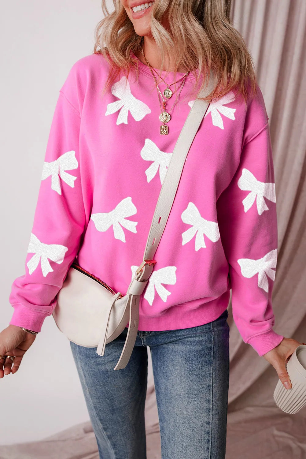 Bonbon Sequin Bowknot Graphic Drop Shoulder Pullover Sweatshirt - Chic Meadow Boutique 