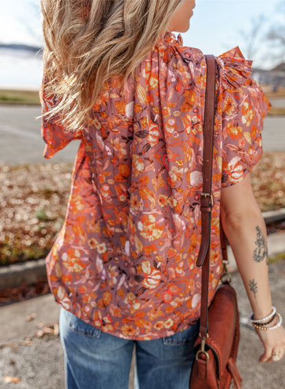 Orange Floral Print Ruffled Flutter Sleeve Frilled V Neck Blouse