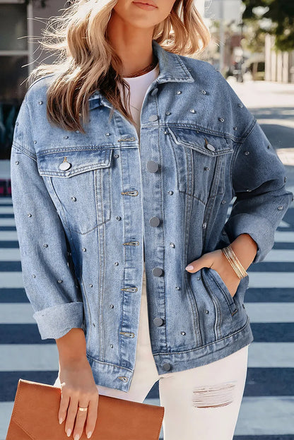 Mist Blue Rhinestones Studded Denim Jacket - Chic Meadow Boutique 