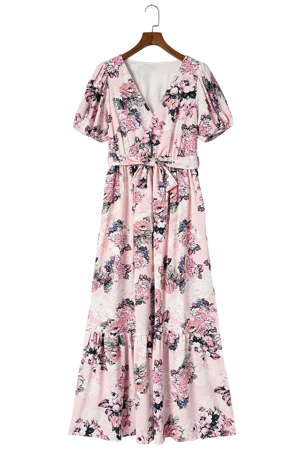 Pink Floral Puff Sleeve High Waist Maxi Dress - Chic Meadow Boutique 