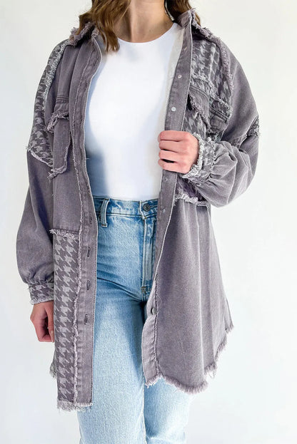 Medium Grey Retro Distressed Houndstooth Patchwork Denim Jacket - Chic Meadow Boutique 