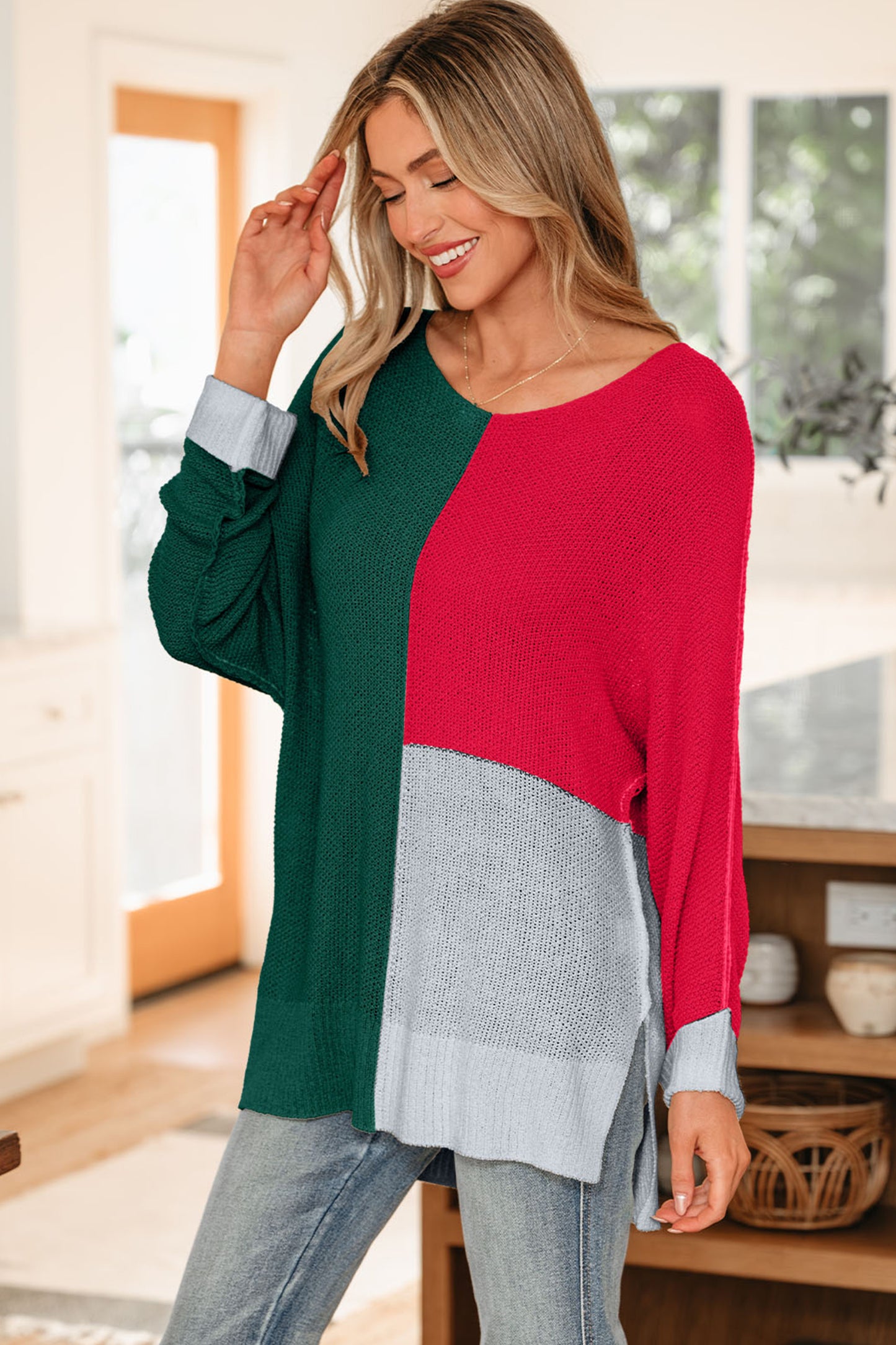 Evergreen Color Block Knit V Neck Loose Sweater