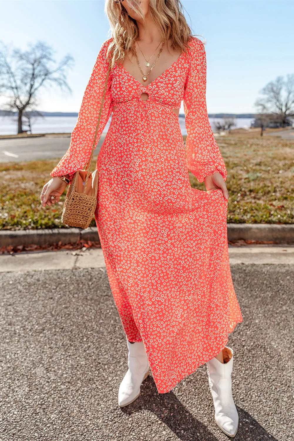 Red Floral Long Puff Sleeve V Neck Hollow Out Dress - Chic Meadow Boutique 