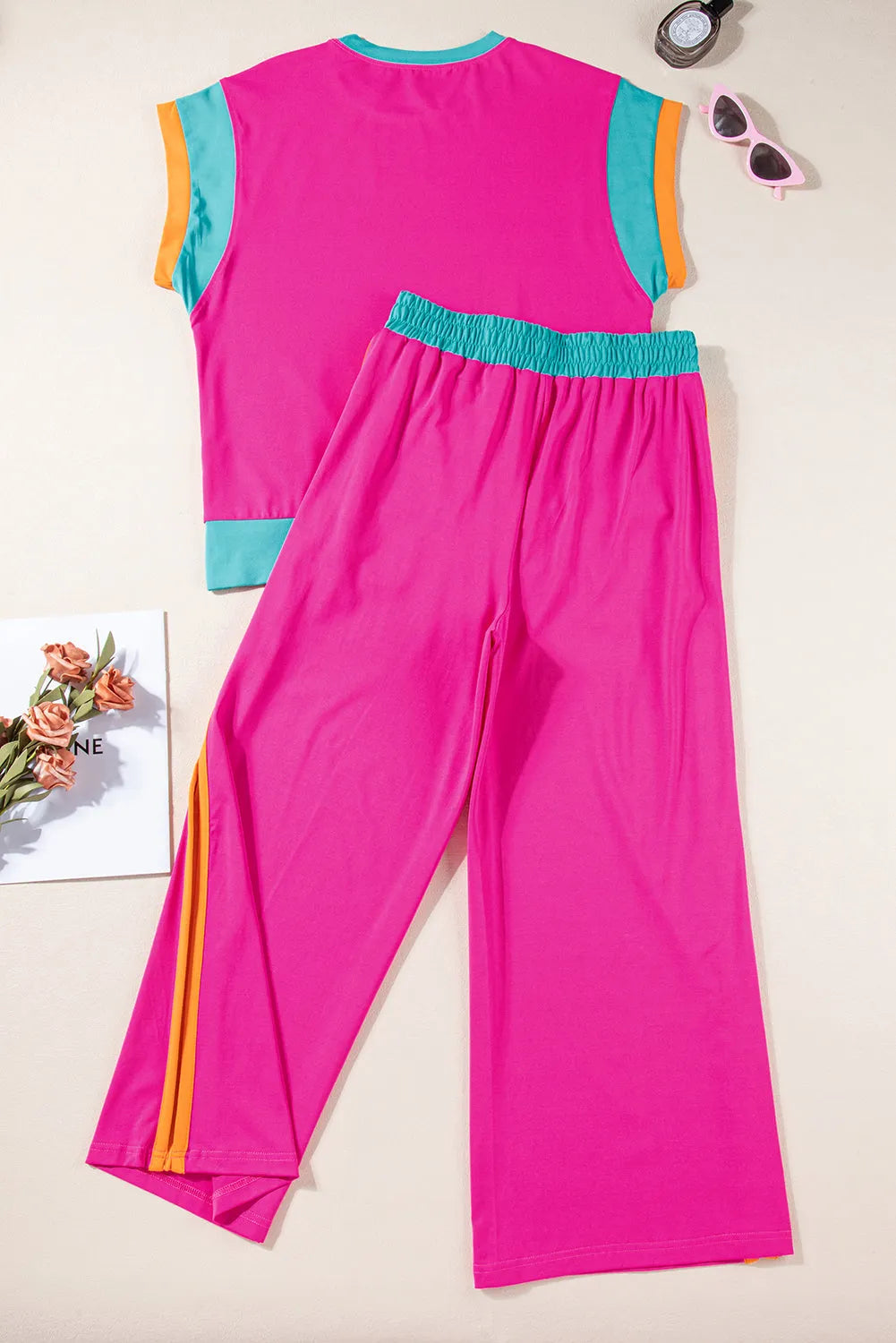 Strawberry Pink Color Block Detail Casual Two-piece Set - Chic Meadow Boutique 