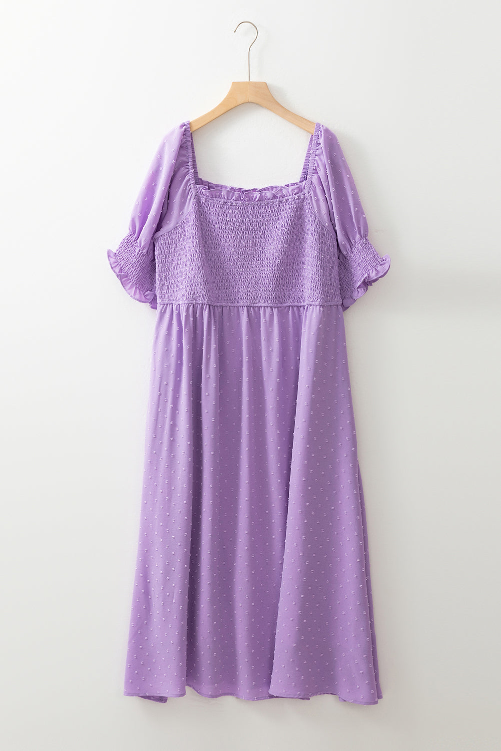 Wisteria Swiss Dot Smocked Frilled Neckline Short Sleeve Plus Size Dress