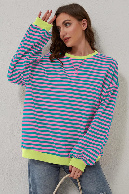 Green Stripe Oversized Contrast Trim Pullover Sweatshirt - Chic Meadow Boutique 