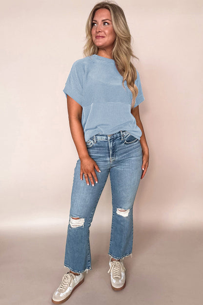 Myosotis Plain Corded Knit Mock Neck T Shirt