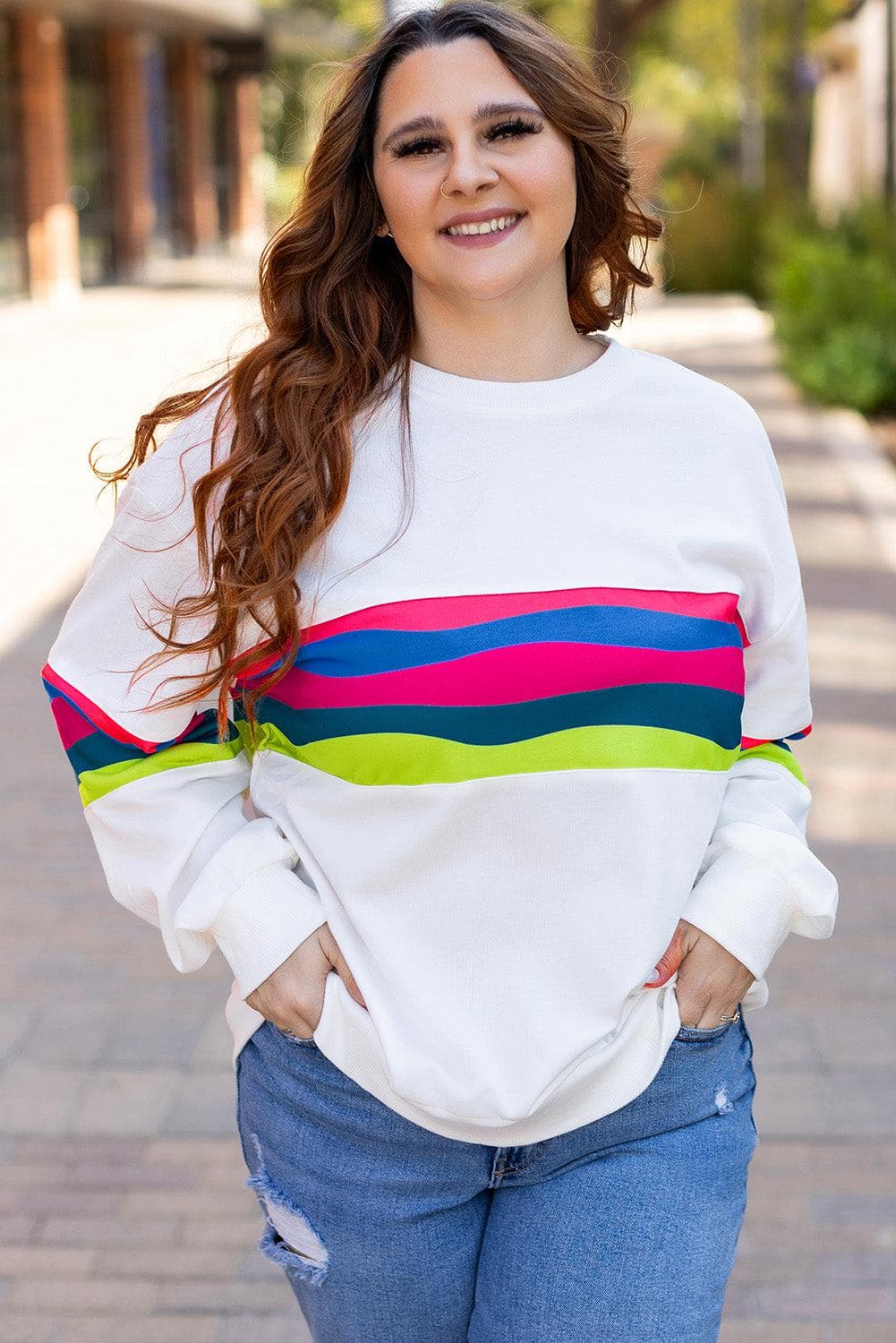 Plus Size/Plus Size Sweatshirts & Hoodies White Plus Size Colorful Striped Drop Shoulder Loose Sweatshirt